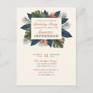 Invitation Carte Postale Chic Blue Tropical Feuille moderne fête d'annivers