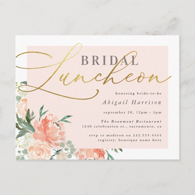 Invitation Carte Postale Chic Blush & Gold Script Floral Bridal Luncheon (Devant)