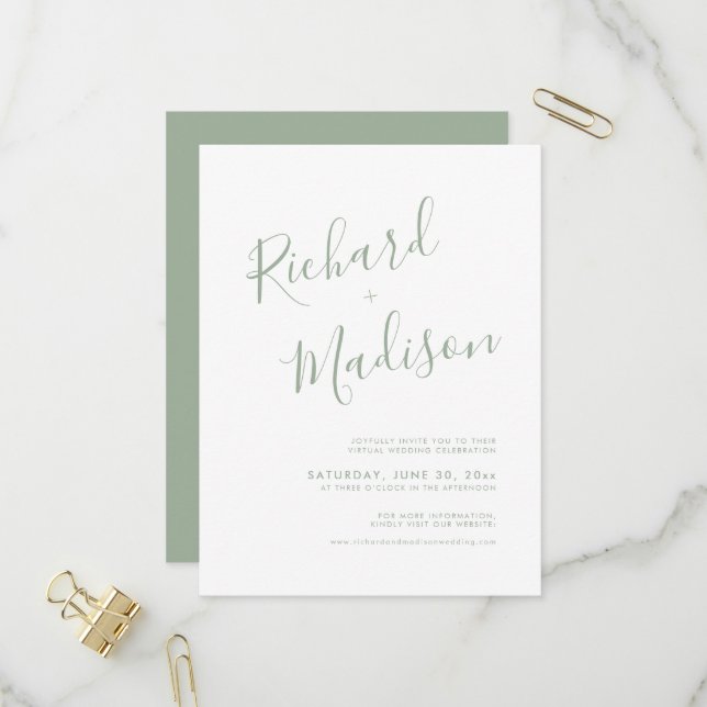 Invitation Carte Postale Chic Calligraphie Sage Green Photo Mariage virtuel (Devant/Arrière en situation)