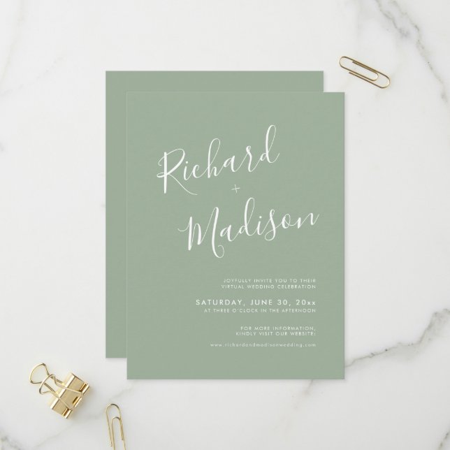 Invitation Carte Postale Chic Calligraphie Sage Green Photo Mariage virtuel (Devant/Arrière en situation)