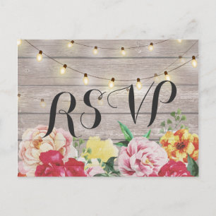 Invitation Carte Postale Chic Floral String éclaire Mariage rustique en boi