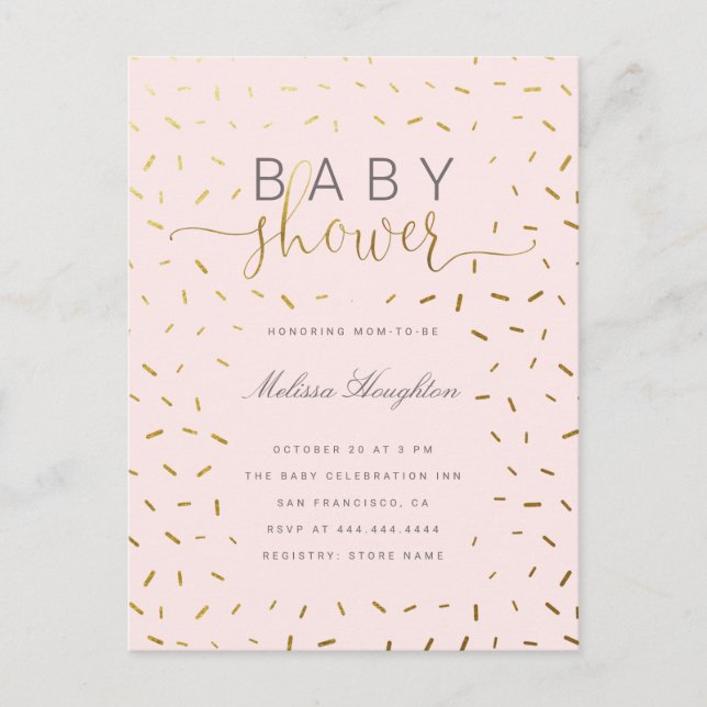 Invitation Carte Postale Chic Gold Sprinkle Confetti & Baby shower rose (Devant)