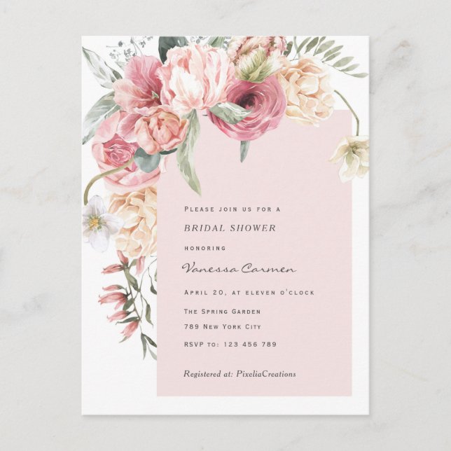 Invitation Carte Postale Chic jardin thème aquarelle fleurie douche nuptial (Devant)