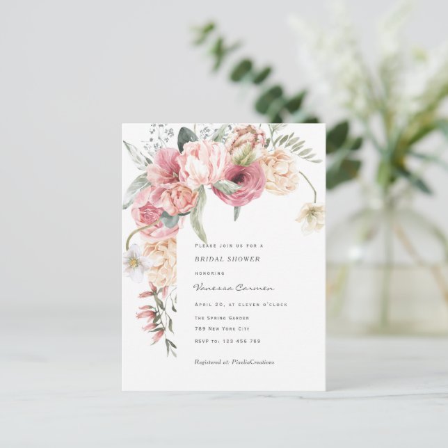 Invitation Carte Postale Chic jardin thème aquarelle fleurie douche nuptial (Debout devant)