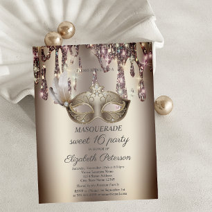 Invitation Carte Postale Chic Masque Or, Déchets, Masquerade Sweet 16