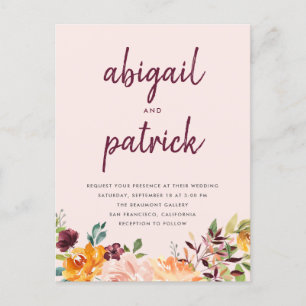 Invitation Carte Postale Chic rougissent le mariage floral d'aquarelle rose