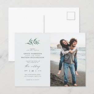 Invitation Carte Postale Chic Simple Bleu & Vert Branche Mariage Photo