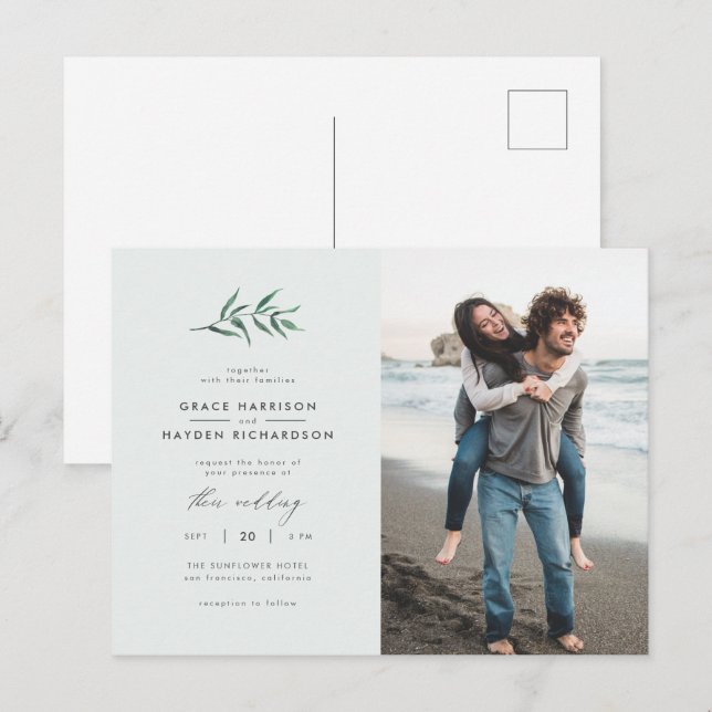 Invitation Carte Postale Chic Simple Bleu & Vert Branche Mariage Photo (Devant / Derrière)
