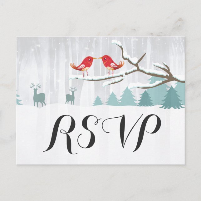 Invitation Carte Postale Chic Snow Wonderland Bird Deer Mariage d'hiver RSV (Devant)