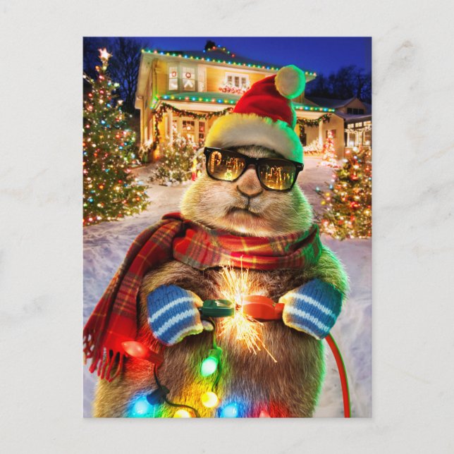 Invitation Carte Postale Chien des Prairies avec lumières de Noël (Devant)