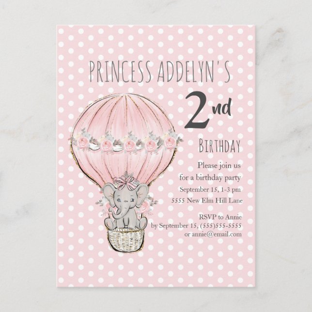 Invitation Carte Postale Chiffre de ballon rose princesse Eléphant 2e anniv (Devant)
