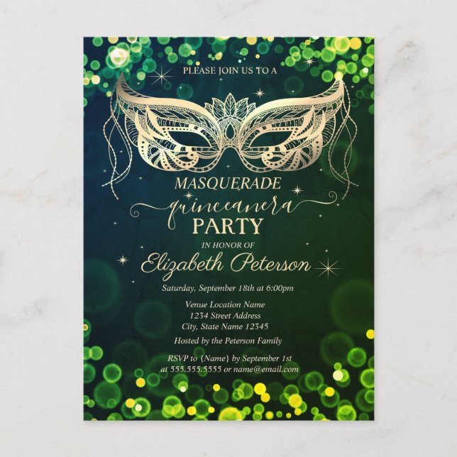 Invitation Carte Postale Chiffres verts de Bokeh Quinceañera (Devant)