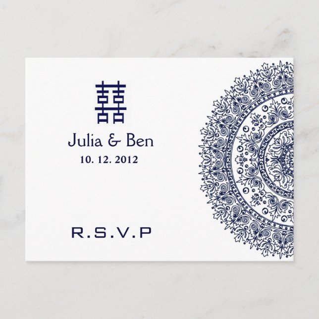 Invitation Carte Postale Chine bleu blanc porcelaine double bonheur RSVP (Devant)