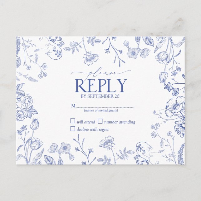 Invitation Carte Postale Chinoiserie bleu français floral victorien RSVP (Devant)