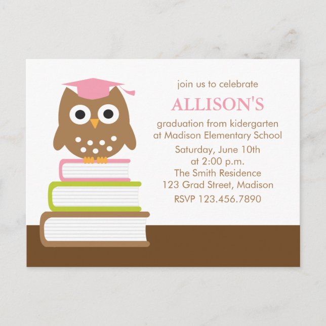 Invitation Carte Postale Chouette rose Maternelle (Devant)