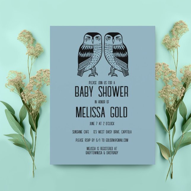 Invitation Carte Postale Chouettes jumelles Cute Simple Chic BABY SHOWER PE (Cute twin owls decorate this custom baby shower invitation postcard. Add your own text)