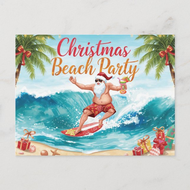 Invitation Carte Postale Christmas Beach Party – Tropical Santa Surfing  (Devant)