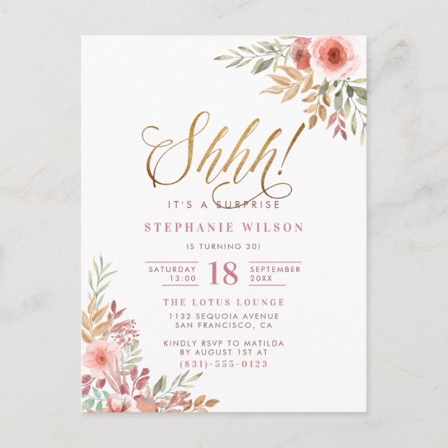 Invitation Carte Postale Chut ! C'est une surprise | Chic Script fête d'ann (Devant)