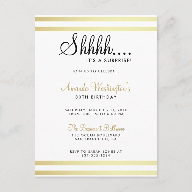 Invitation Carte Postale Chut... C'est une surprise ! Fête d'anniversaire d (Devant)