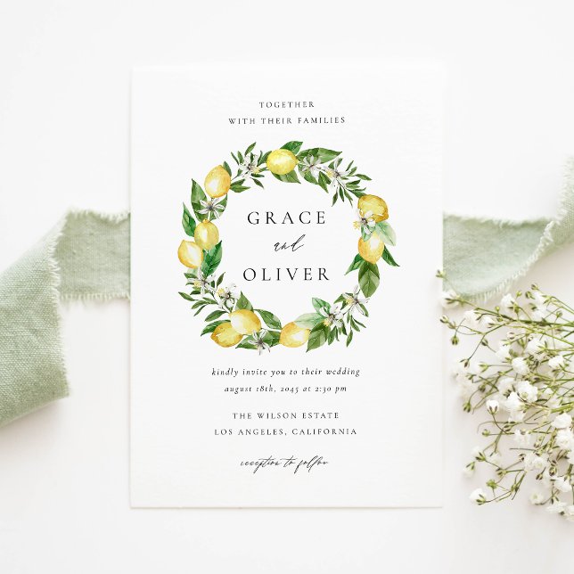 Invitation Carte Postale Citron d'été et verdure Wreath QR Code Mariage ( Customizable QR Code Wedding Invitation Postcard with Watercolor Lemons, Blossoms & Greenery)