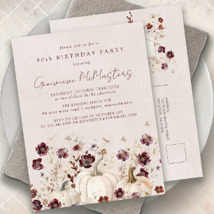 Invitation Carte Postale Citrouille blanc Bourgogne Fleur sauvage 90e anniv