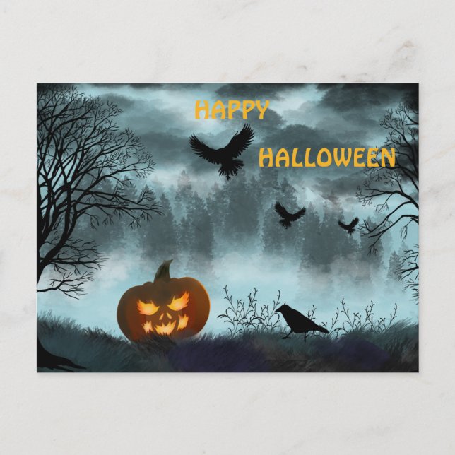 Invitation Carte Postale Citrouille d'Halloween et corbeau (Devant)