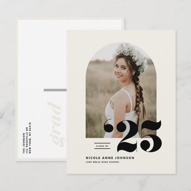 Invitation Carte Postale Classe Boho de 2025 Arch Photo Graduation (Devant / Derrière)