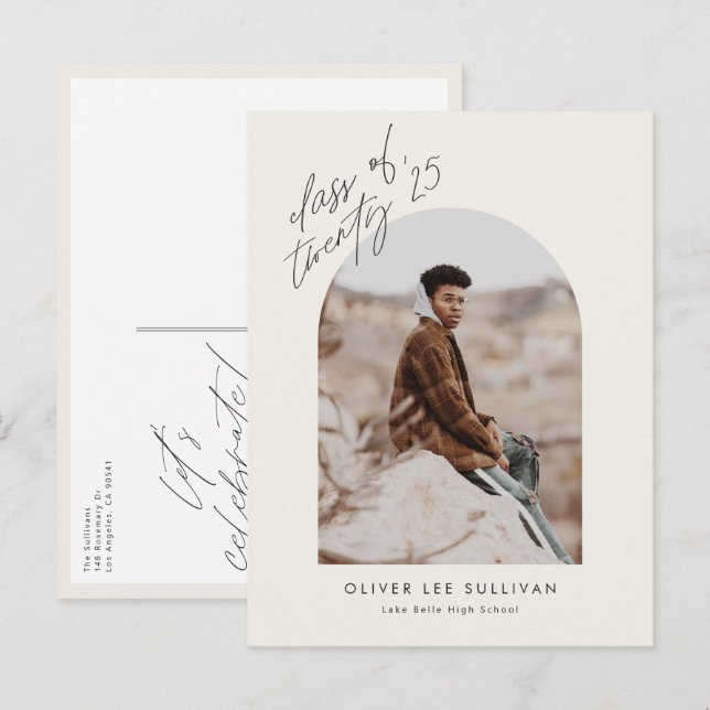 Invitation Carte Postale Classe Boho de 2025 Arch Photo Graduation (Devant / Derrière)