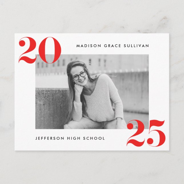 Invitation Carte Postale Classe Bold de 2025 Red Photo Graduation Party (Devant)