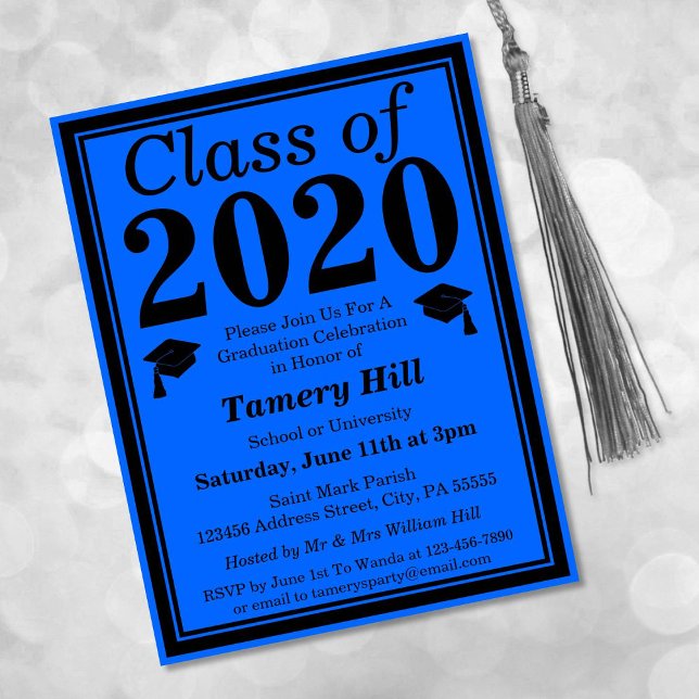Invitation Carte Postale Classe de 2024 Blue Black Graduation (Créateur téléchargé)