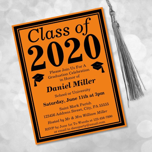 Invitation Carte Postale Classe de 2024 Orange Black Graduation (Créateur téléchargé)