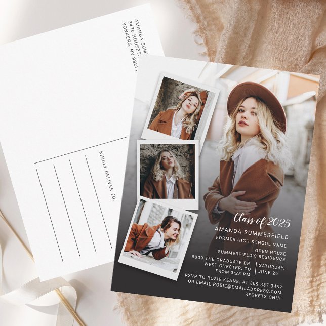 Invitation Carte Postale Classe de 2025 Grad Photo Collage Script Graduatio (Class of 2025 Grad Photo Collage Script Graduation Invitation Postcard)