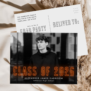 Invitation Carte Postale Classe Orange Neon de 2025 Photo Graduation Party
