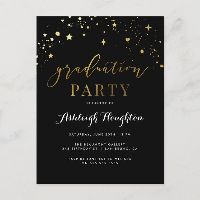 Invitation Carte Postale Classic Black & Gold Confetti Graduation Party (Devant)