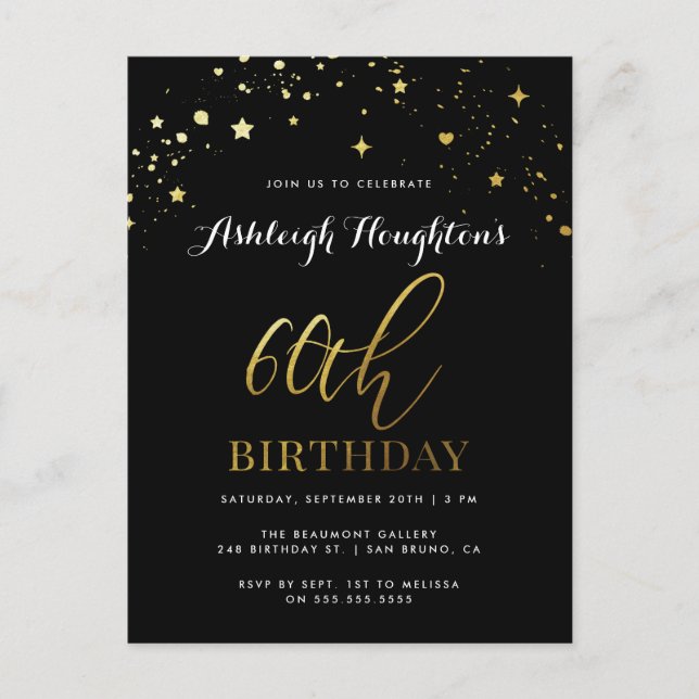 Invitation Carte Postale Classic Black & Gold Star Confetti 60e anniversair (Devant)
