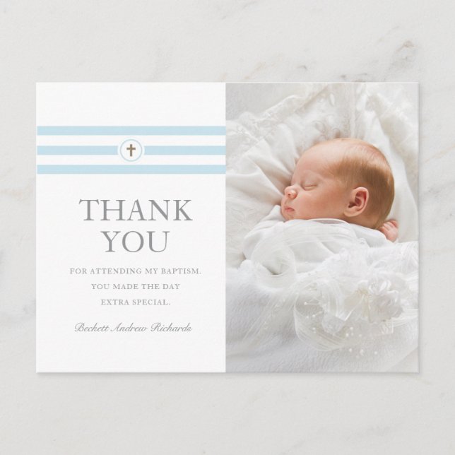 Invitation Carte Postale Classic Stripes Gold Cross Photo Baptême Merci (Devant)