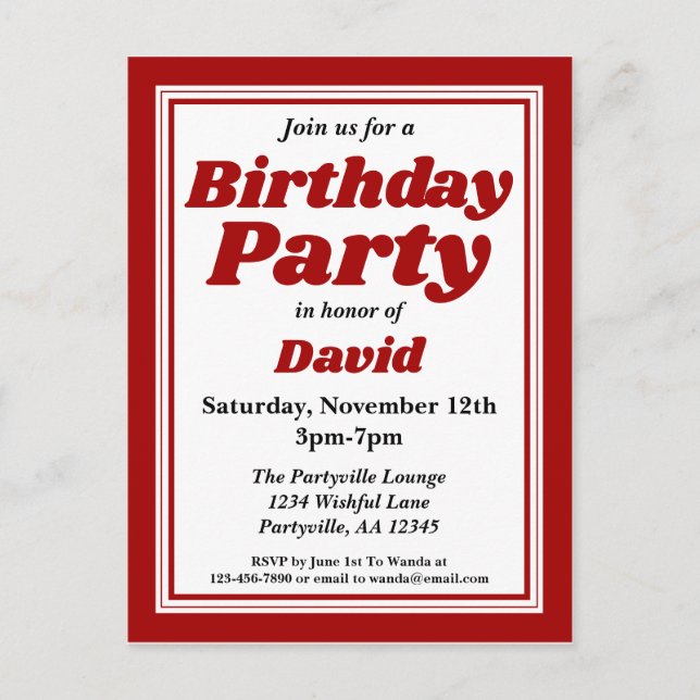 Invitation Carte Postale Classy Bourgogne fête d'anniversaire pour adultes (Devant)