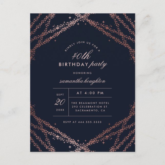 Invitation Carte Postale Classy Rose Gold & Navy Blue Birthday Party (Devant)