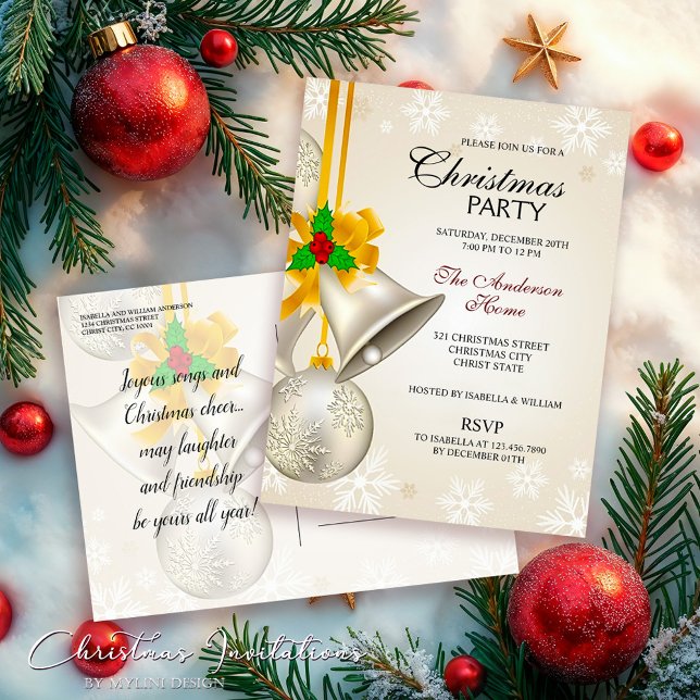 Invitation Carte Postale Cloches en or d'argent et fête de Noël (Créateur téléchargé)