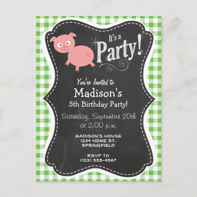 Invitation Carte Postale Cochon ; En vichy vert (Devant)