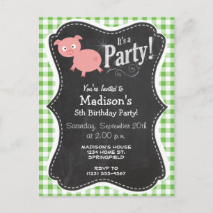 Invitation Carte Postale Cochon ; En vichy verte