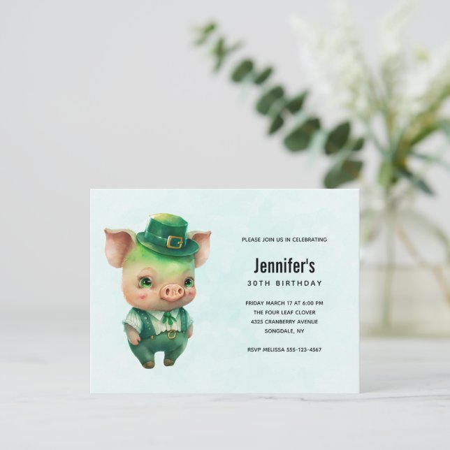 Invitation Carte Postale Cochon vert mignon dans une belle fête d'anniversa (Debout devant)