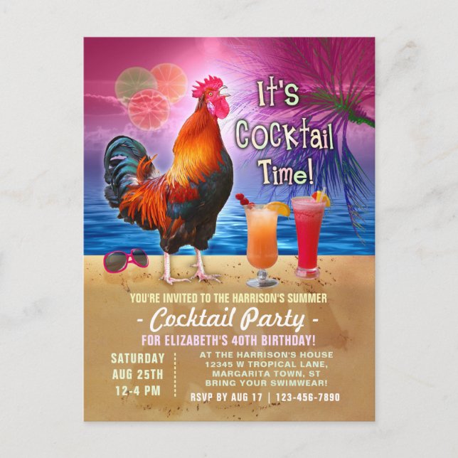 Invitation Carte Postale Cocktail Party Tropical Rooster Funny Anniversaire (Devant)
