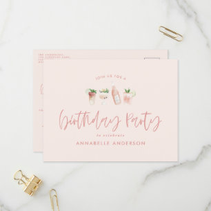 Invitation Carte Postale Cocktail rose de fille fête d'anniversaire design