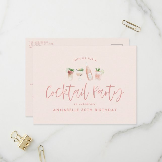 Invitation Carte Postale Cocktail rose de fille fête d'anniversaire design (Devant/Arrière en situation)