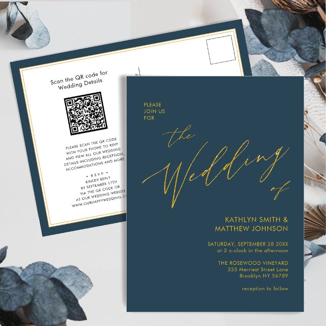 Invitation Carte Postale Code QR bleu Dusty tout en un Mariage de script or (Créateur téléchargé)