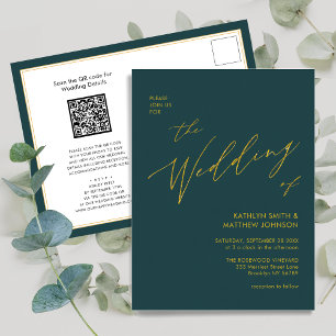 Invitation Carte Postale Code QR vert tout en un Mariage de script Gold
