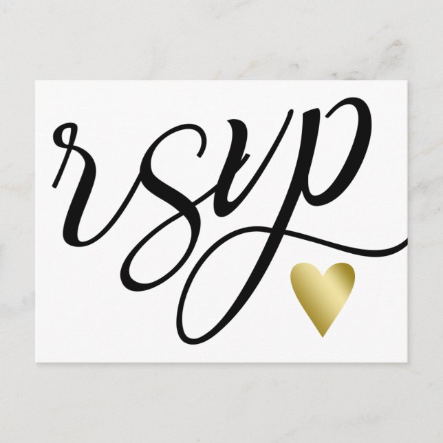 Invitation Carte Postale Coeur d'or et calligraphie noire RSVP (Devant)