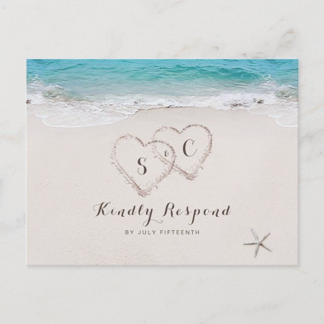 Invitation Carte Postale Coeurs dans le sable destination mariage plage RSV (Devant)