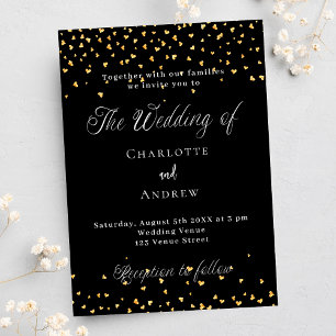 Invitation Carte Postale Coeurs d'or noir mariage élégant script